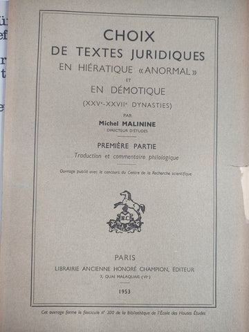 Choix de textes juridiques en hiératique anormal et en démotique (Première partie).