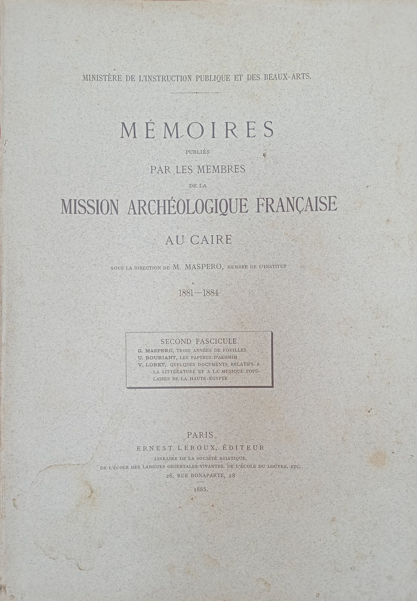 Mémoires publiés par les membres de la Mission Archéologique Française au Caire, 1881-1884, second fascicule. MMAF 1881-1884.