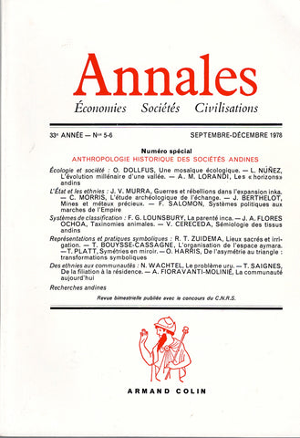 Annales (Economies, sociétés, civilisations). - 33e année, n° 5-6, Septembre-Décembre 1978. Numéro spécial : Anthropologie historique des sociétés des Andines.