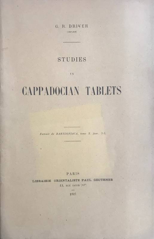 Studies in cappadocian tablets.