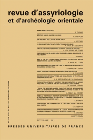 Revue d'assyriologie et d'archéologie orientale N° CXV/2021.